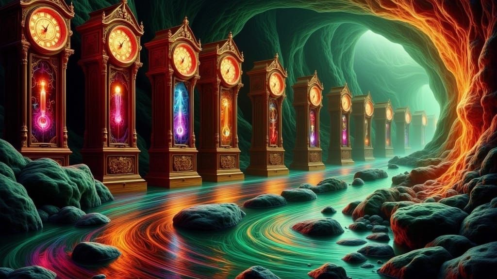 Mystical River of Time with Majestic Clocks and Iridescent W...