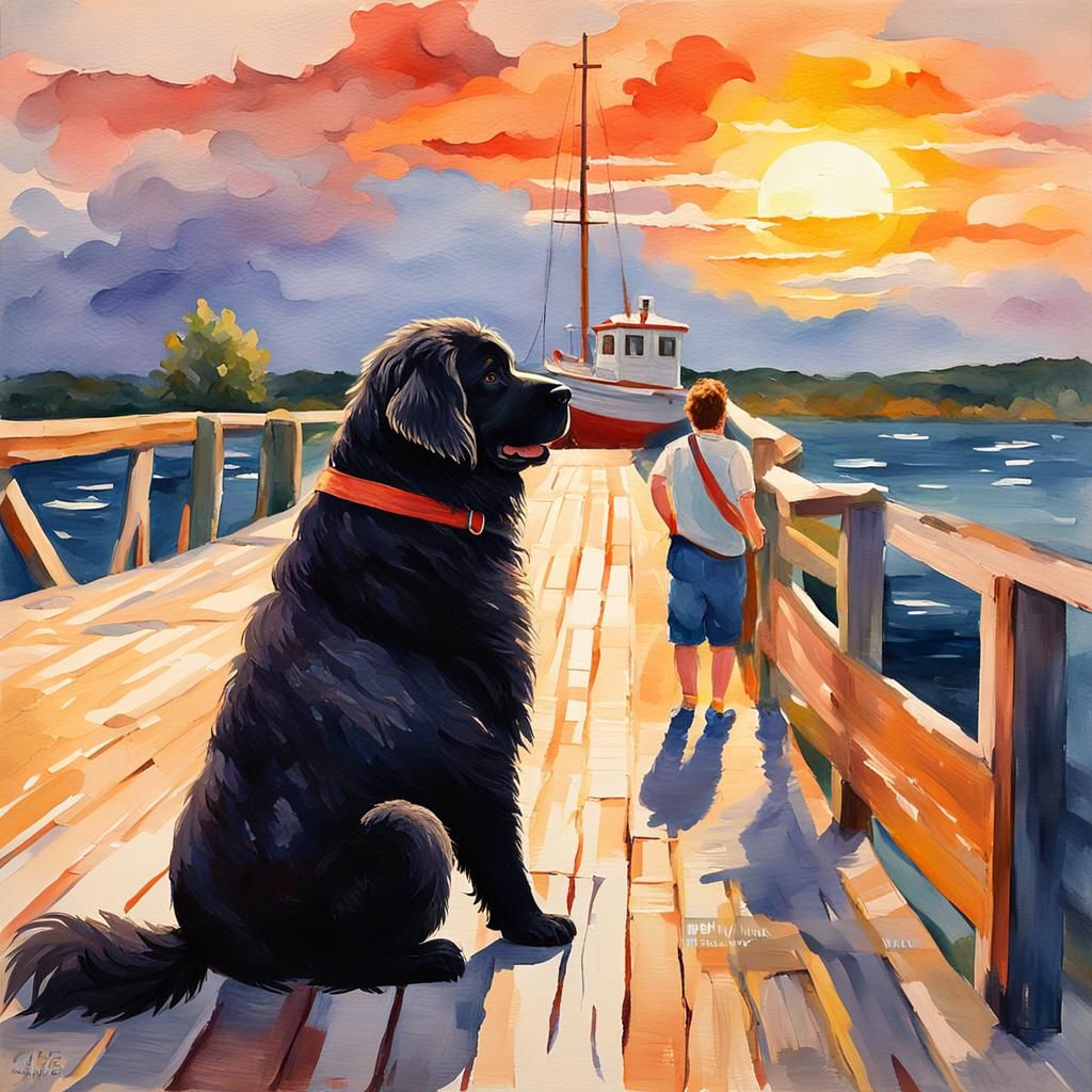 Dog Watching Boat Departure in Gouache Style