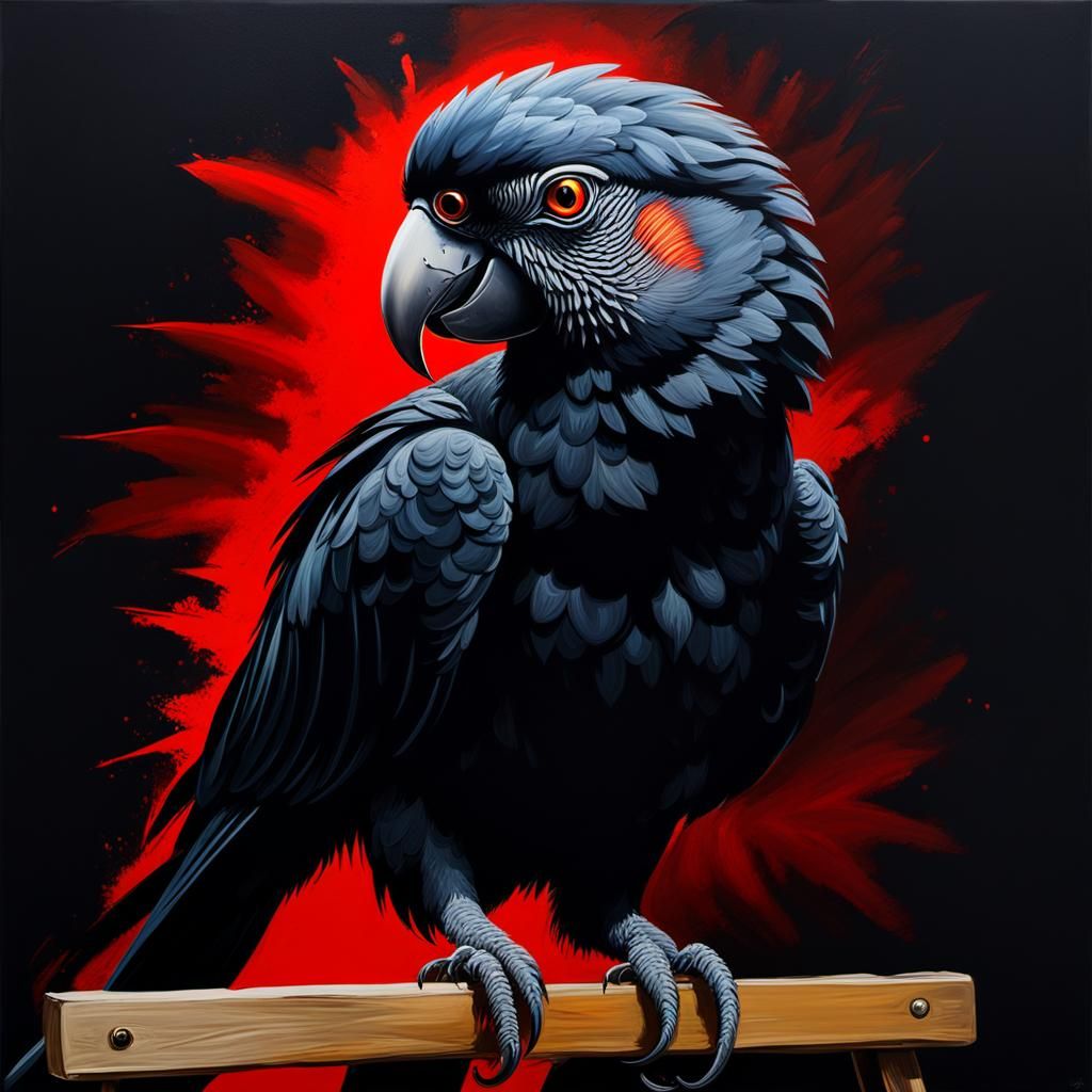 Black Parrot Painting with Golden Highlights