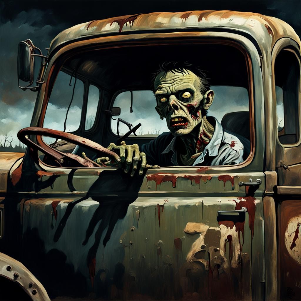 Zombie in Old Truck: Oil Painting in Vintage Style
