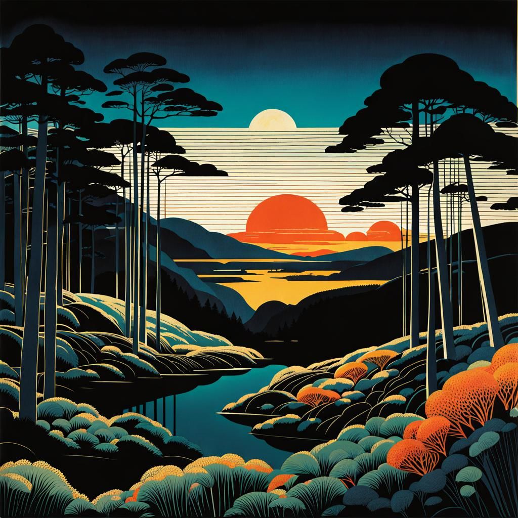 Dark Cartoon Landscape in Flat 2D Style