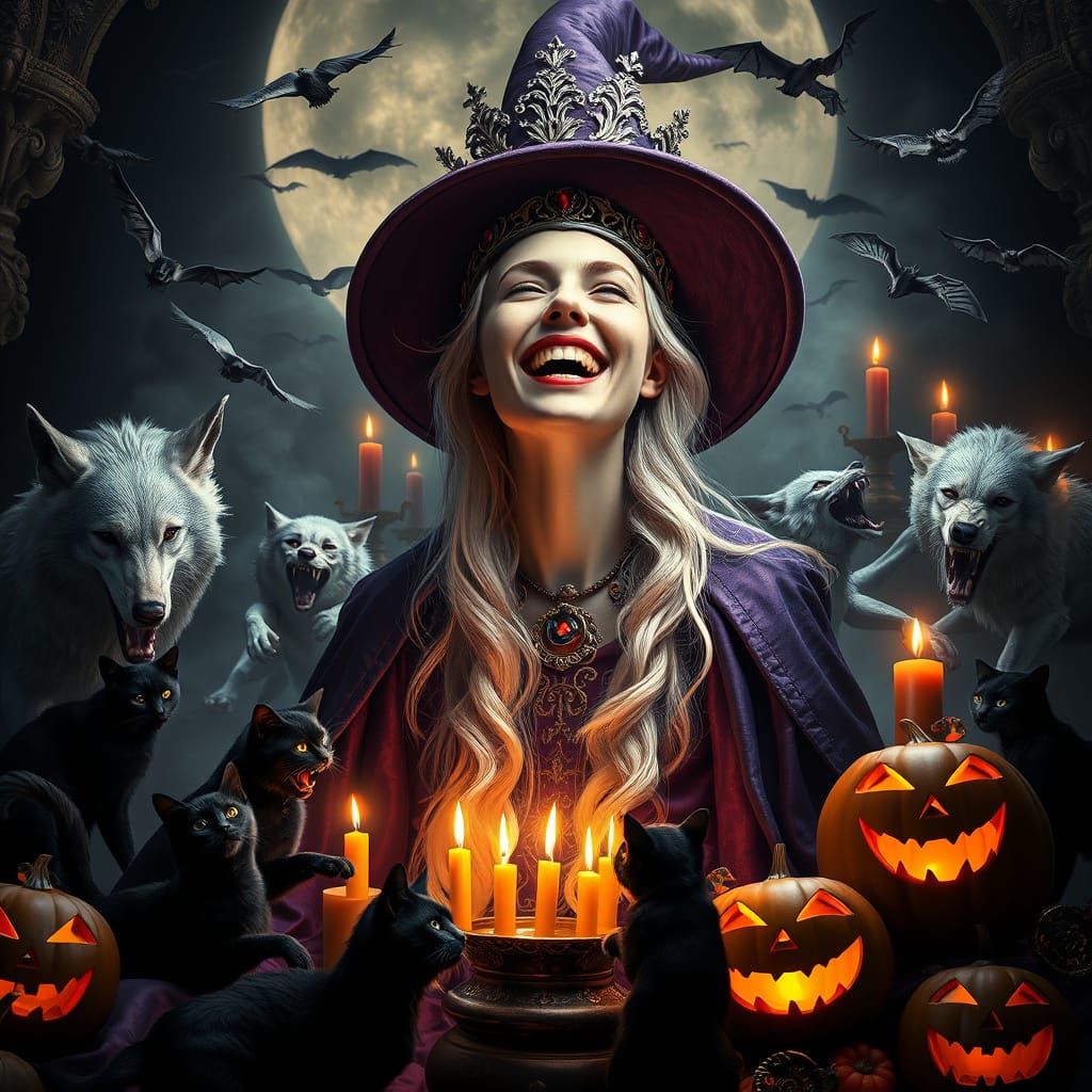 Halloween Witch Queen Laughing with Werewolves in Baroque St...