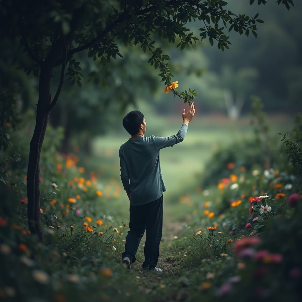 Hopeful Figure Connects with Nature in Serene Landscape