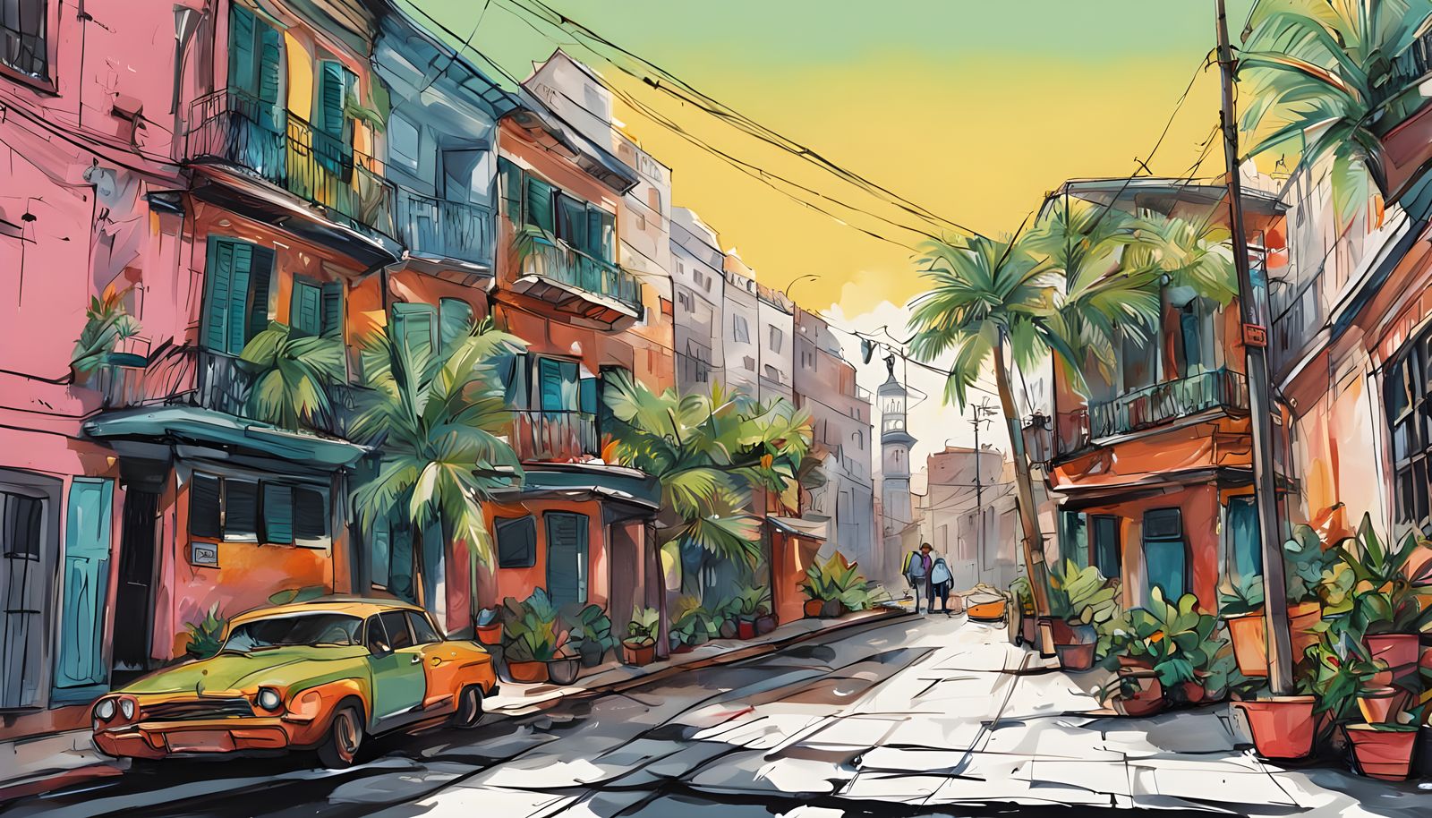 Whimsical Urban Still Life in Vibrant Caribbean Colors