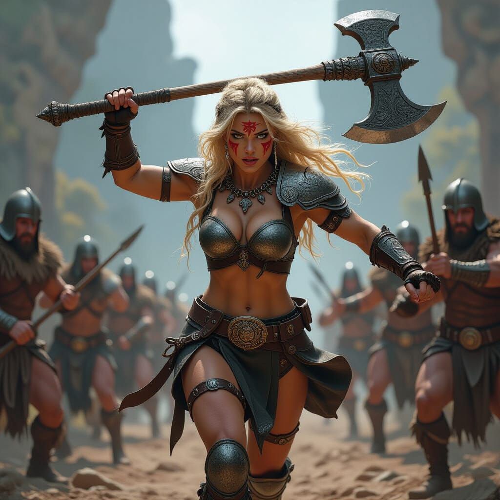 Fierce Blonde Barbarian Warrior in Dark Fantasy Realm