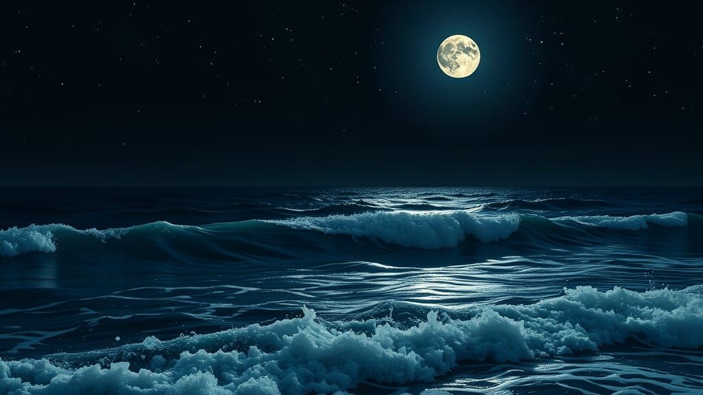 Stunning Starry Night Ocean with Gentle Waves and Full Moon