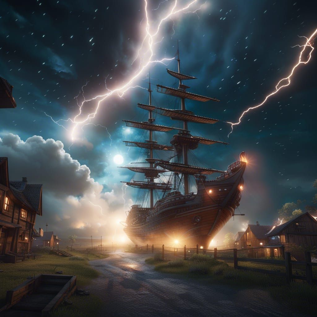 Countryside Village Attacked by Giant Ship in Storm