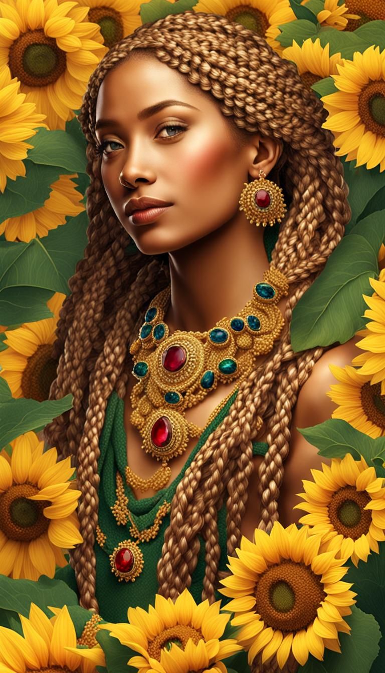 Sunflower Woman with Golden Braids in a Field