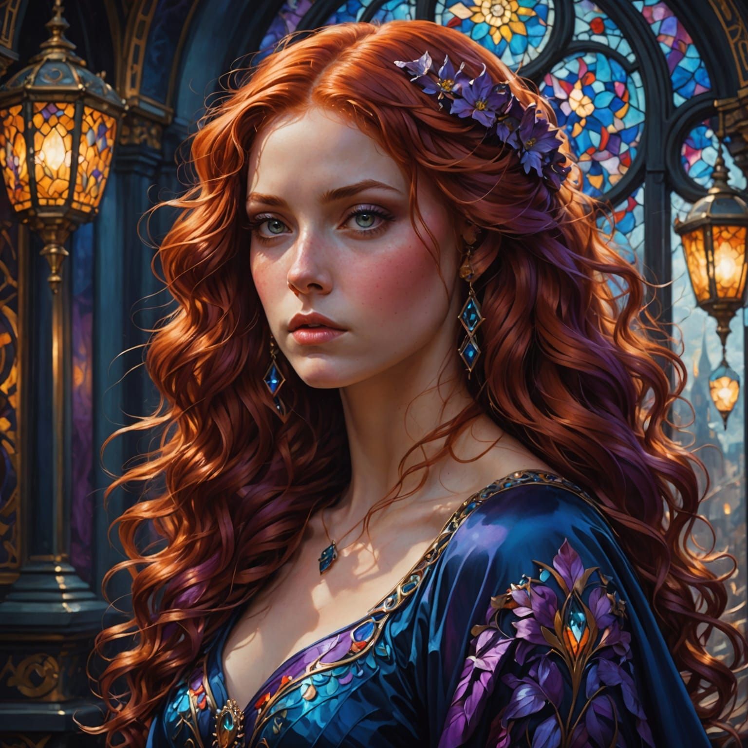 Elegant Woman with Red Hair in Art Nouveau Style
