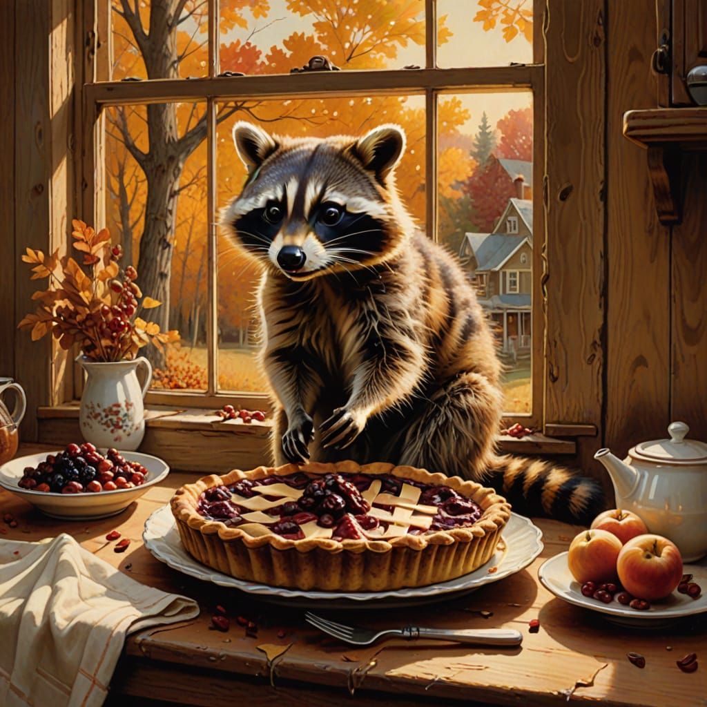 Raccoon Reaches for Pie in Cozy Autumn Kitchen