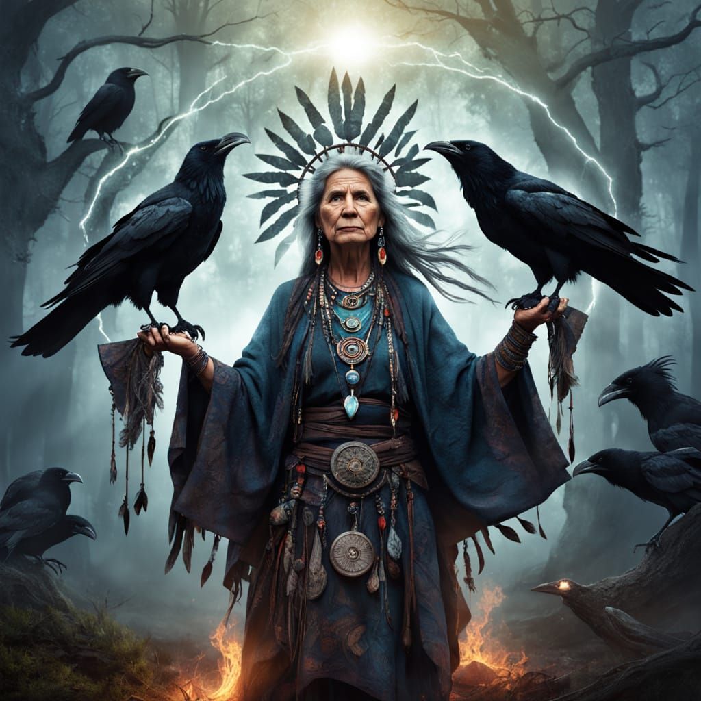 Tribal Shaman With Arcane Symbols and Ravens