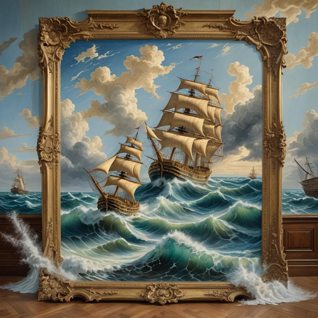 A surreal scene set in a classical art museum. A large, orna...