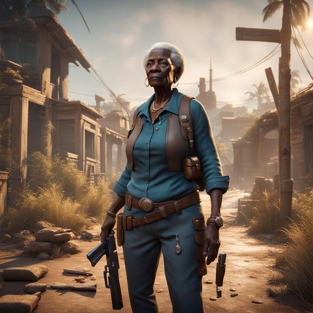 Elderly Woman with Pistol in Cinematic 3D