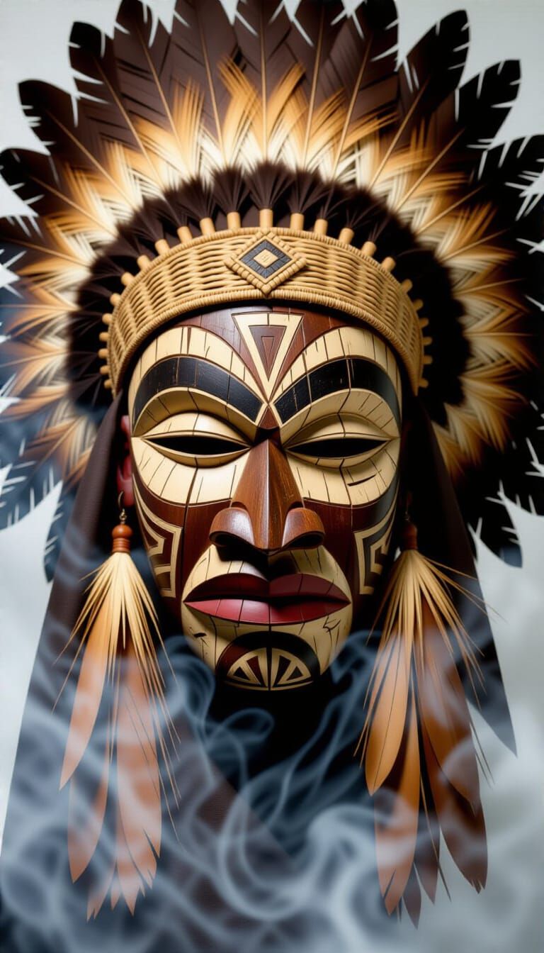 Hyper-Realistic Tribal Mask in Ethereal Smoke