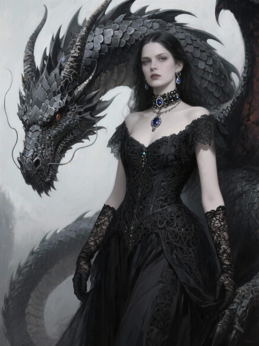 Gothic Elf and Dragon in Jean Baptiste Monge Style