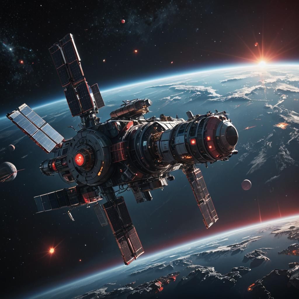 Space Station Orbiting Red Dwarf Star in Space