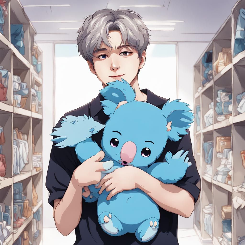RM of BTS with Blue Koala Doll in Anime Style