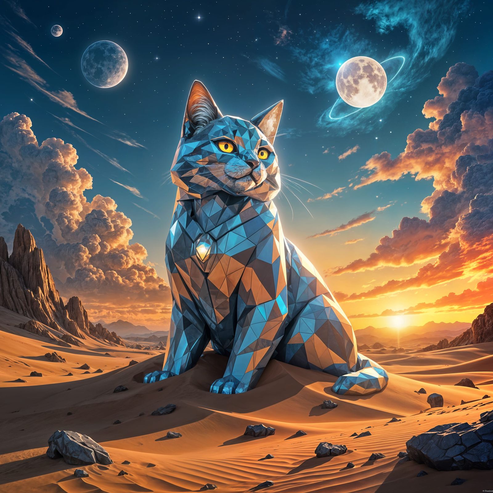 Giant Crystal Cat Statue on Alien Planet with Binary Sunset