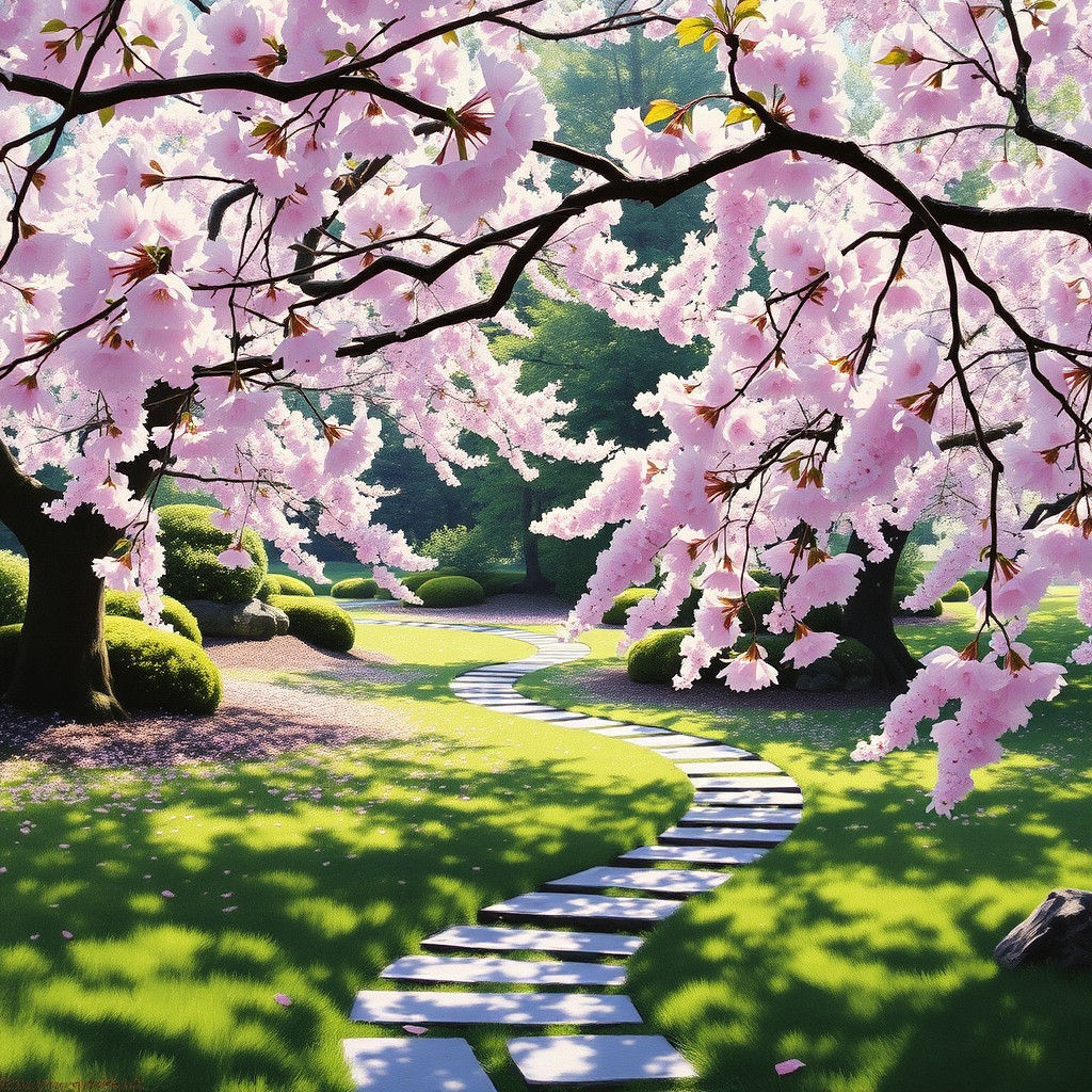 Japanese Garden with Cherry Blossoms, Art Nouveau Painting