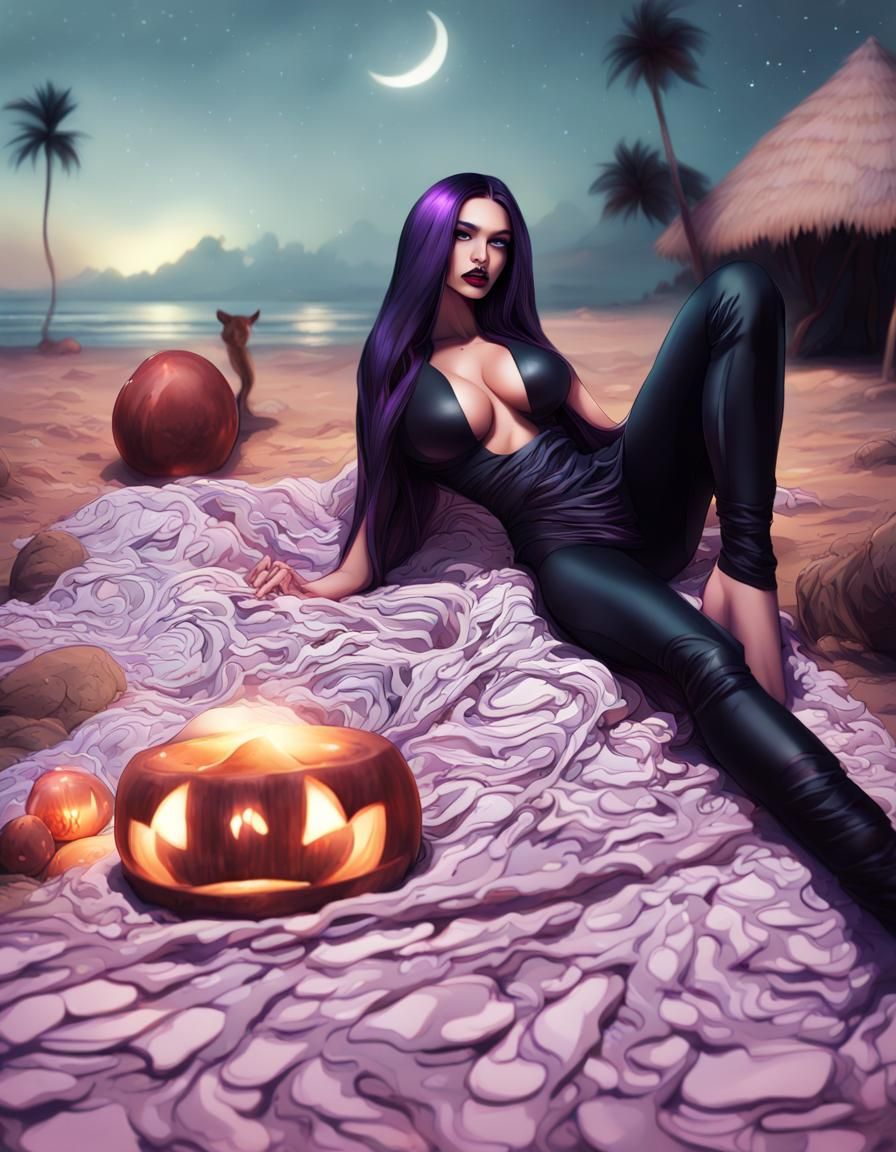 Curvy Woman with Purple Hair on Beach at Night