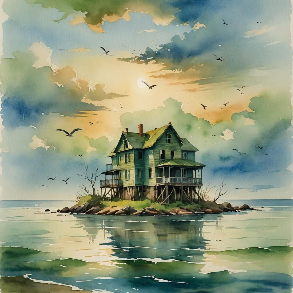 Watercolor House on Island, Dreamy Atmospheric Painting