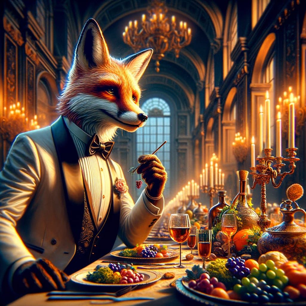 Elegant Fox in Tuxedo at Grand Dinner Party Matte Painting