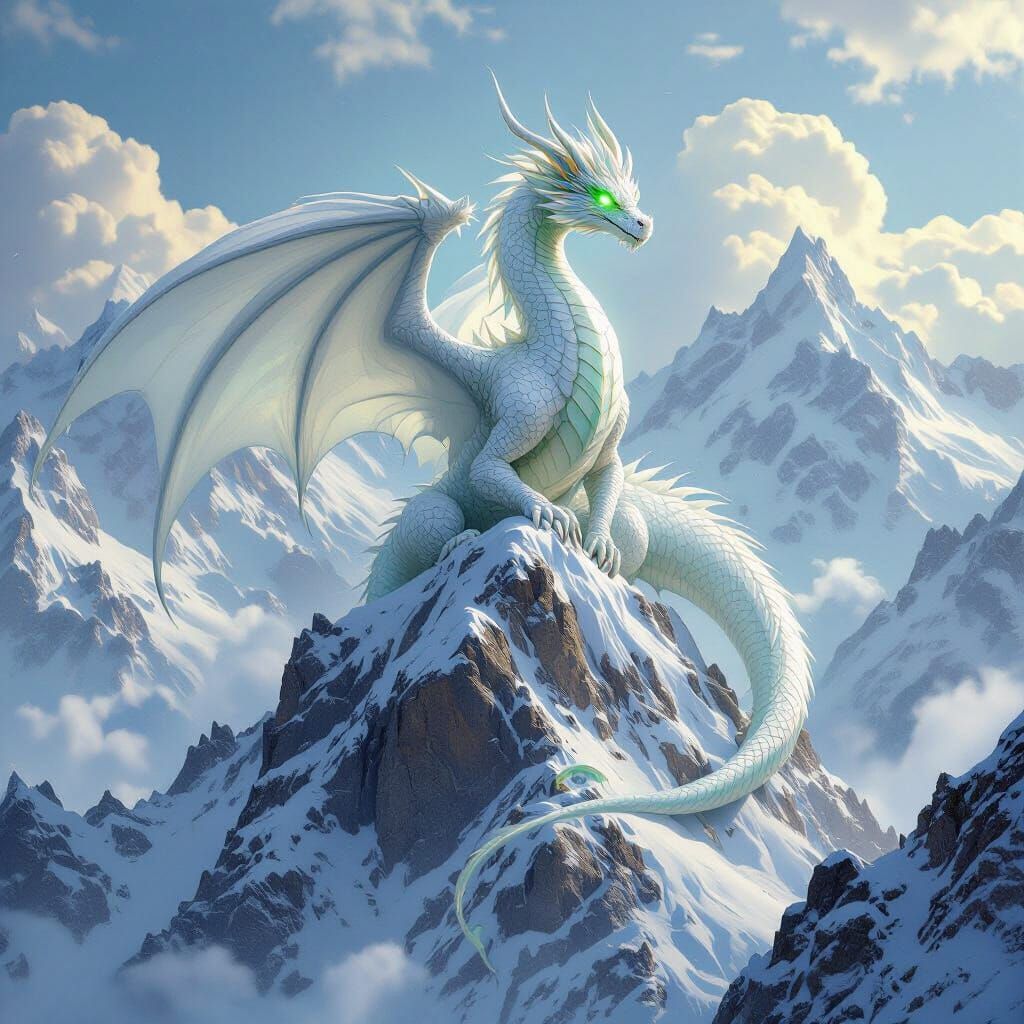 Emerald Scaled White Dragon on Snowy Peak in Art Nouveau