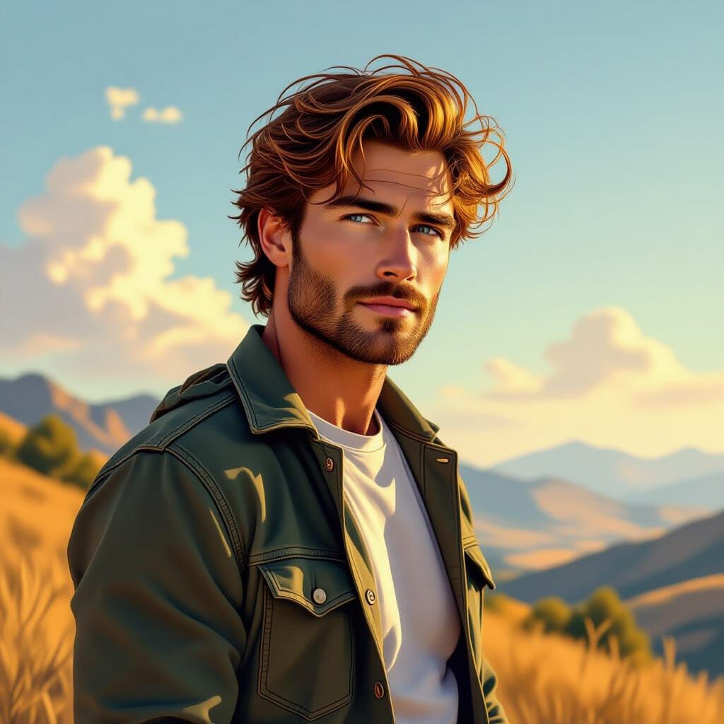 Athletic Man with Wavy Red Hair on Sun-Drenched Hillside