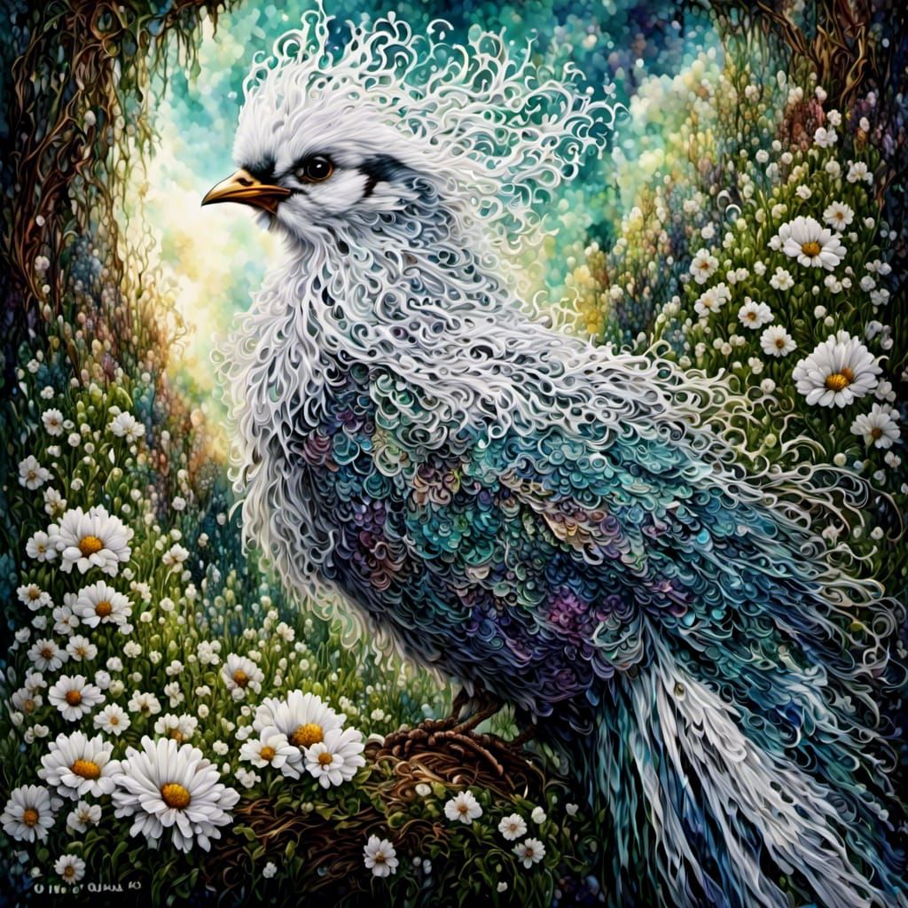 Crested Polish Hen in Ferns and Daisies