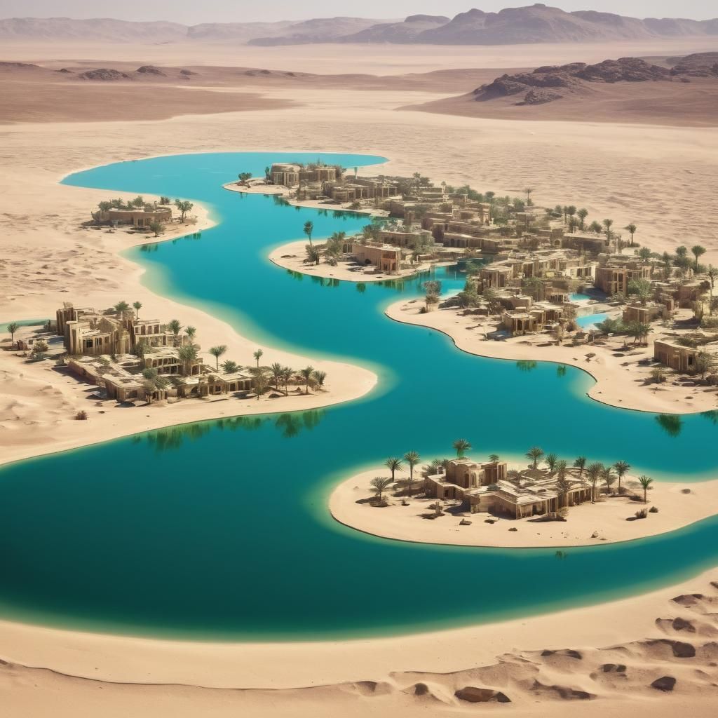 Surreal Oasis Mirage in Desert Landscape