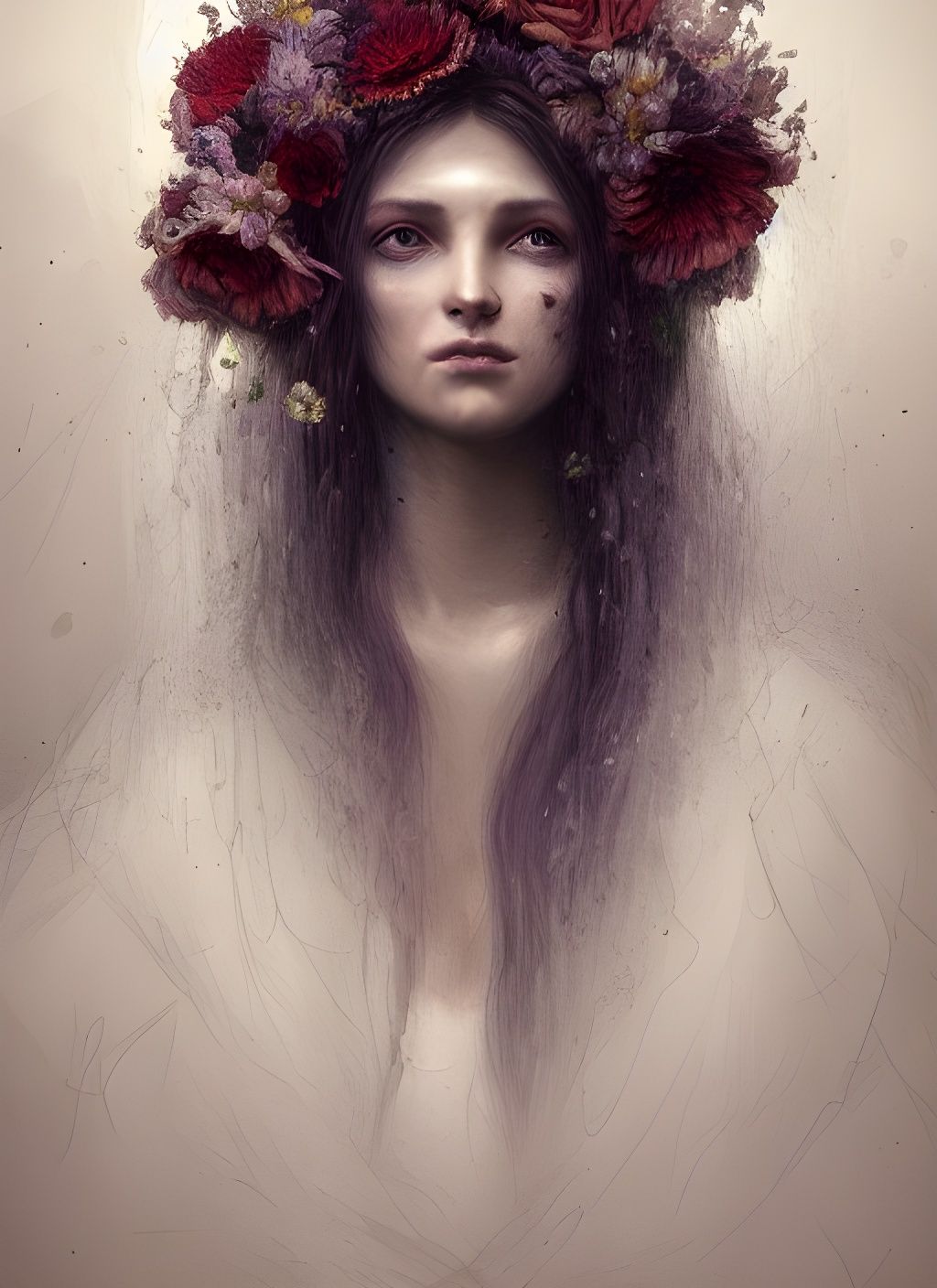 Eldritch Portrait of Woman with Flowers, Detailed Digital Ar...