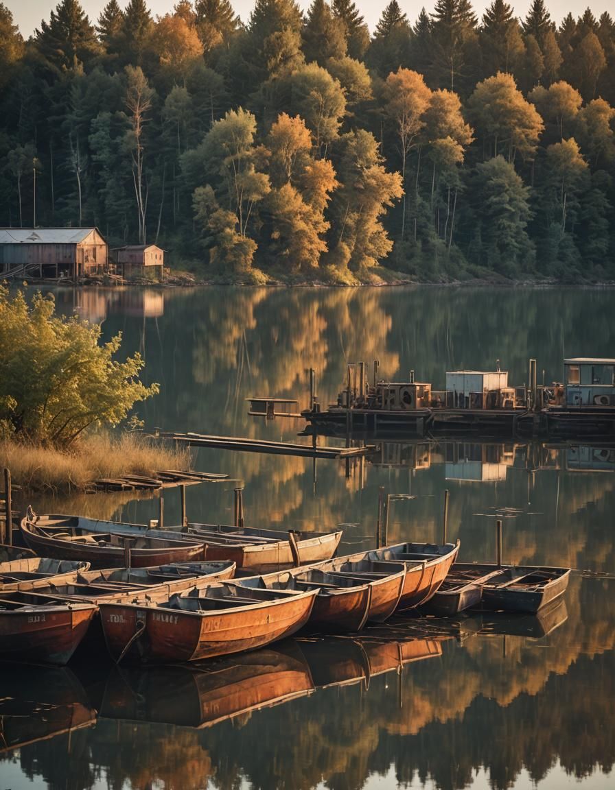 Rustic Boats at Industrial Lake Dock at Sunset