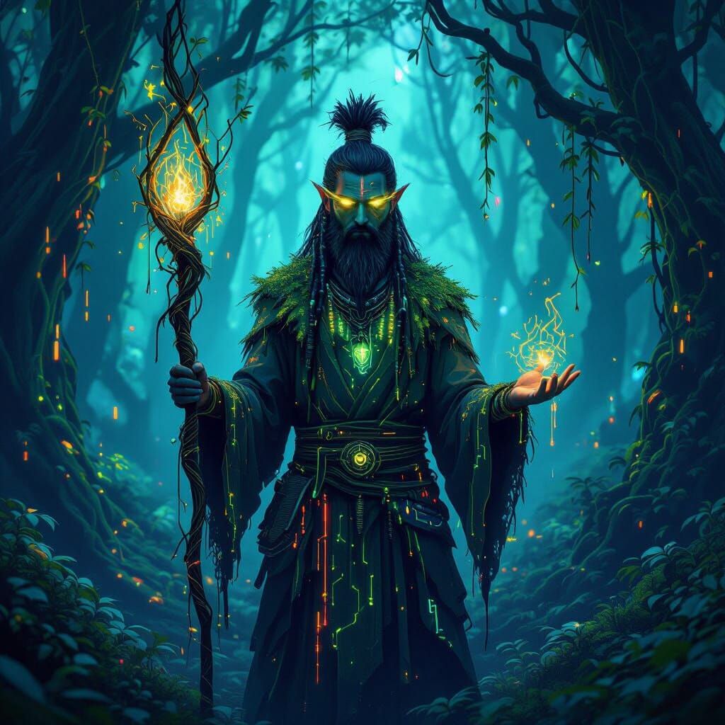 Bioluminescent Forest Digital Druid in Neon Glitch Art