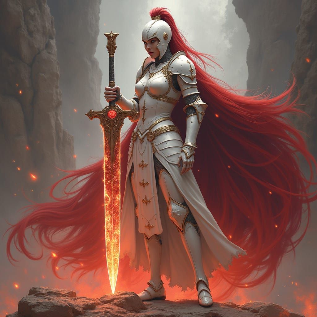 Ethereal Female Knightess in Snow-White Armor with Rose Gold...