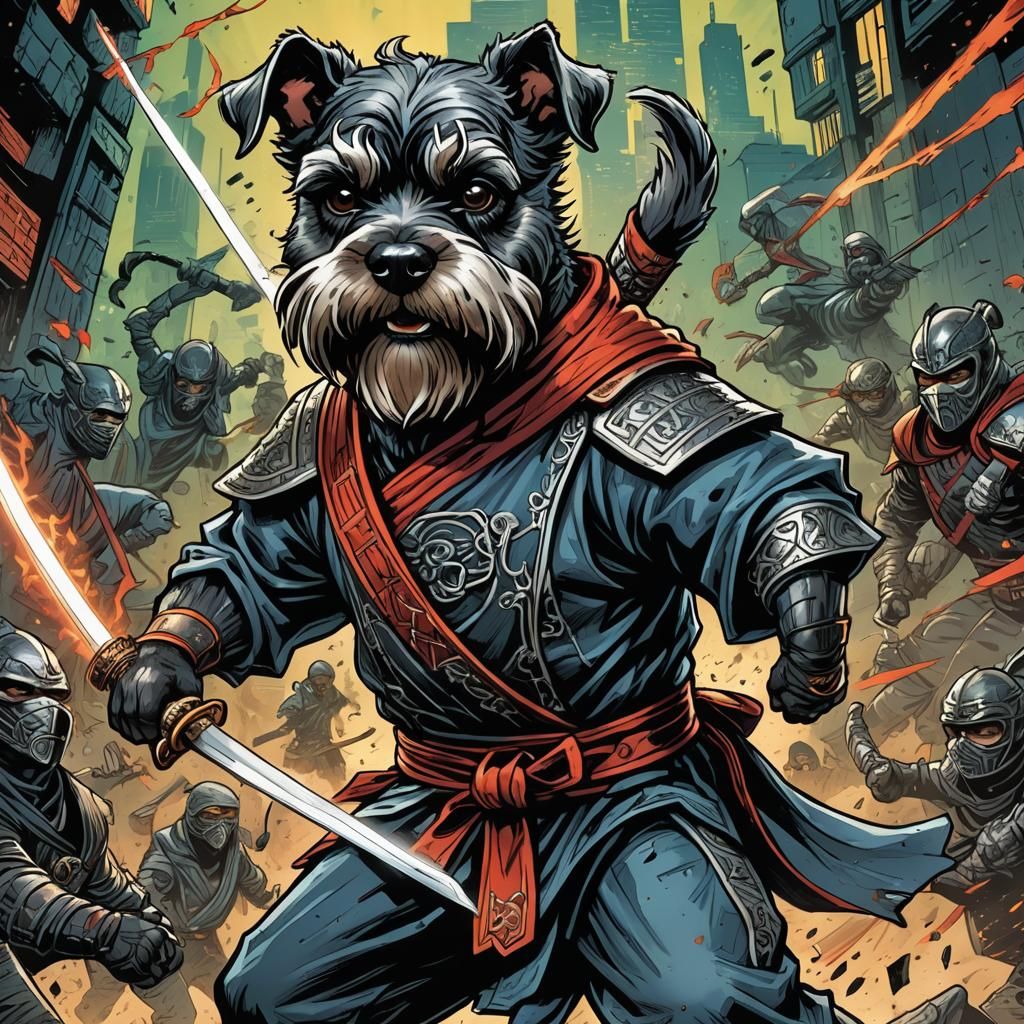 Schnauzer Ninja Comic Book Art with Glowing Sword