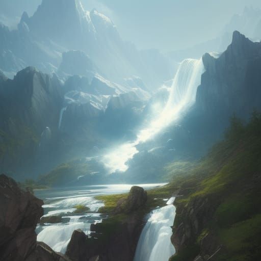 Detailed Waterfall Portrait in Art Nouveau Style