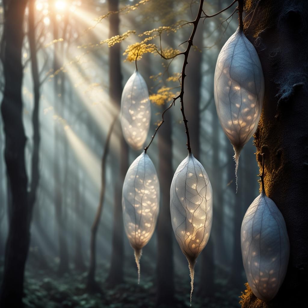 Hyperrealistic Banshee Cocoons in Misty Forest