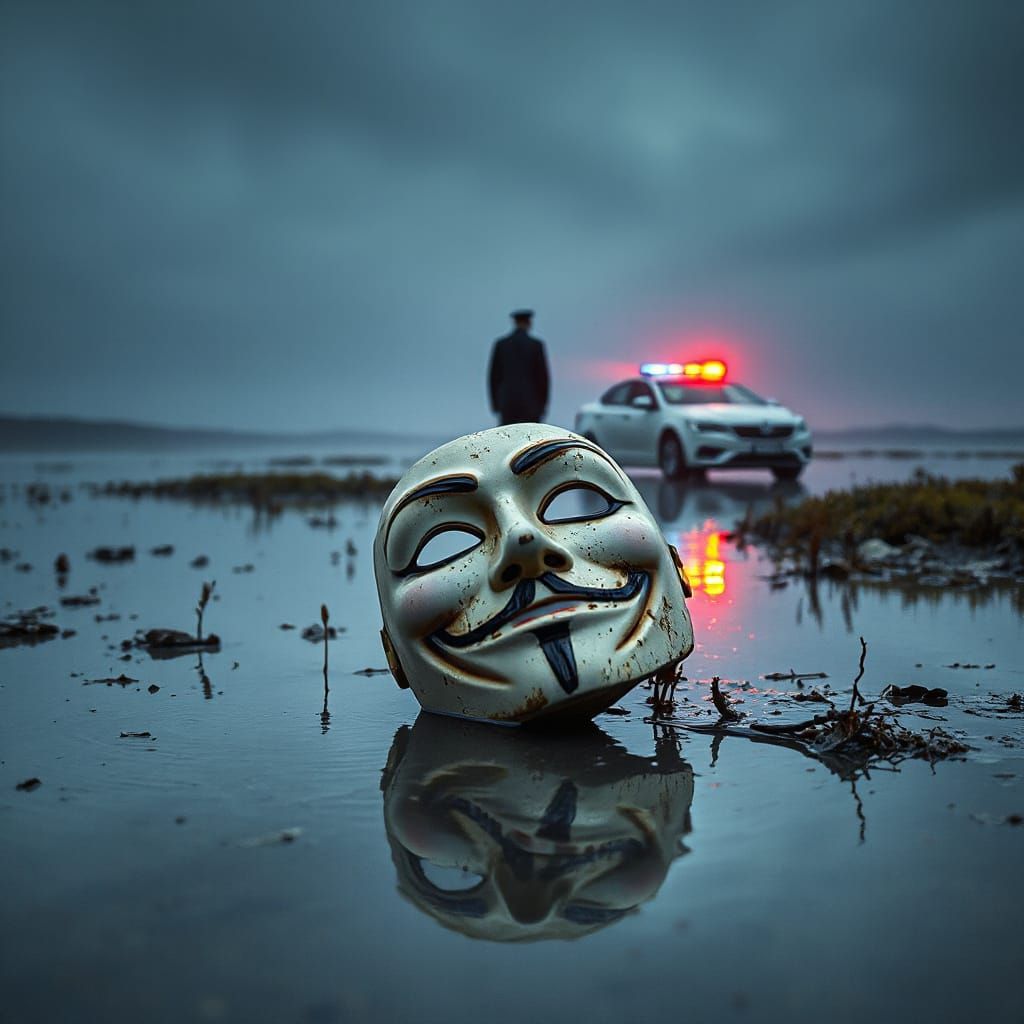 Abandoned Ivory Mask in a Desolate Marsh Landscape