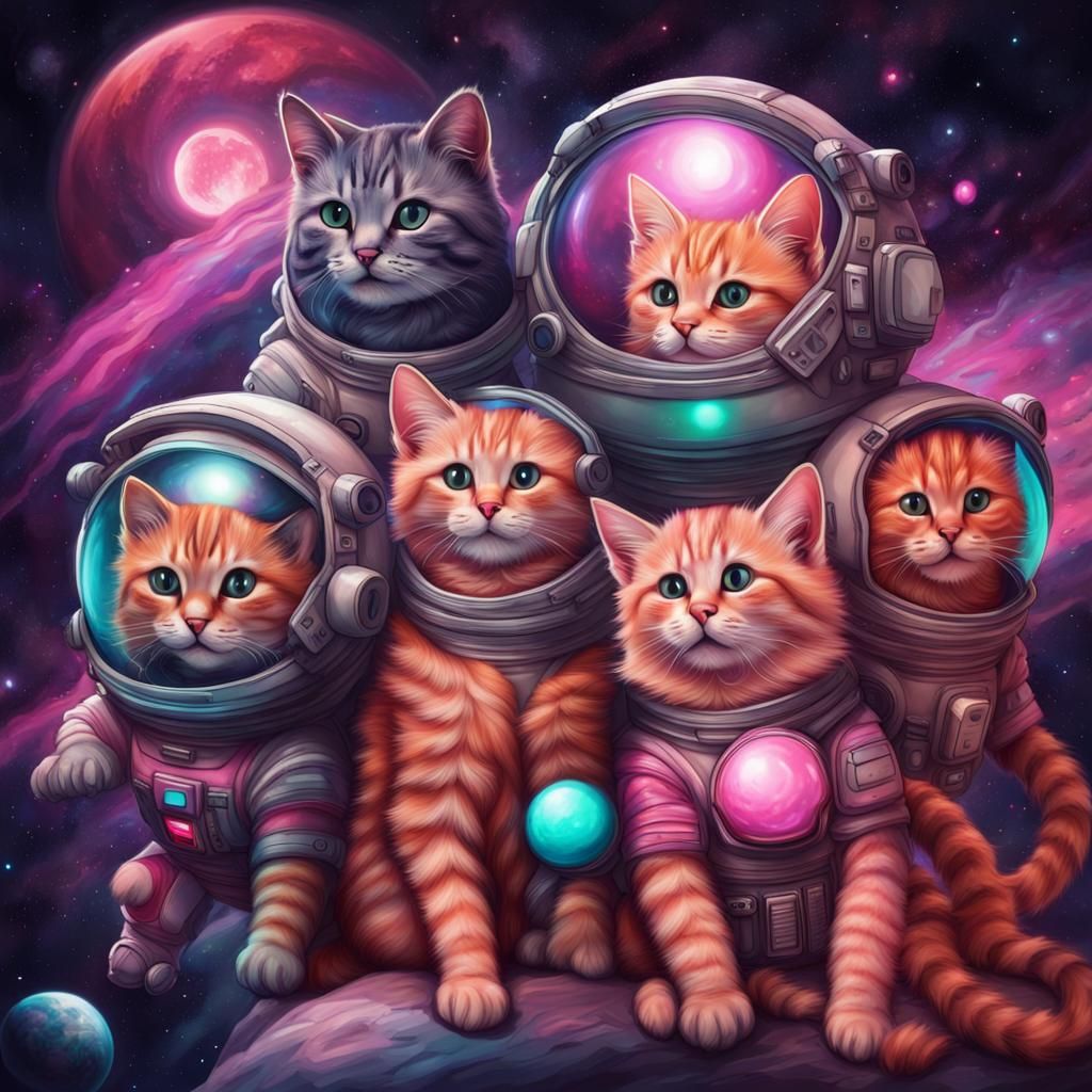 Hyper realistic , Chibi pink neon tabby cat astronauts  in a...