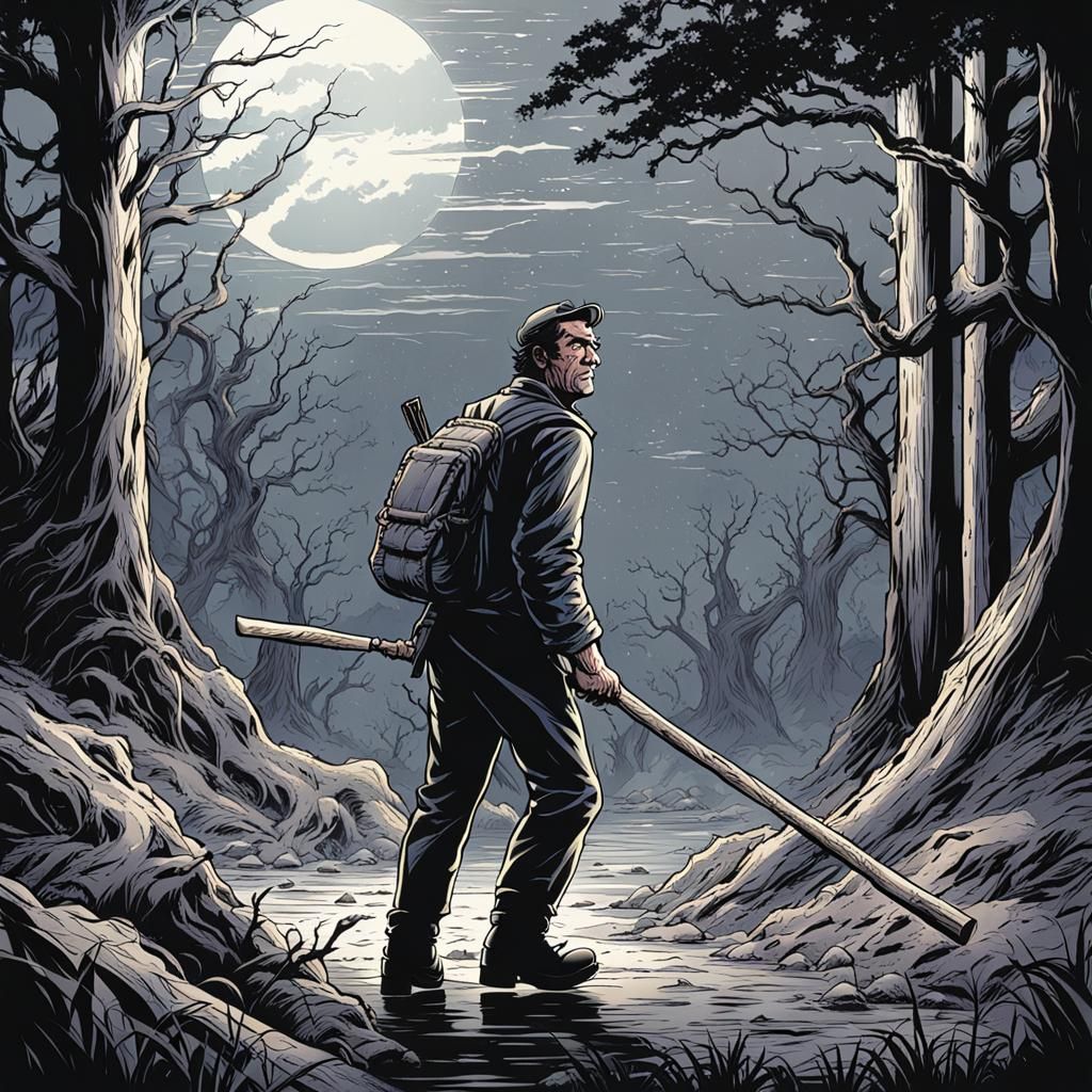 Fearful Man with Stick in Comic Book Art