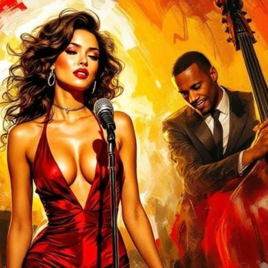 Glamorous Singer and Bassist in Rockwell and Leibovitz Style