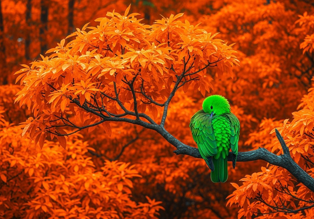 Neon Bird in Orange Tree, Modern Art Style