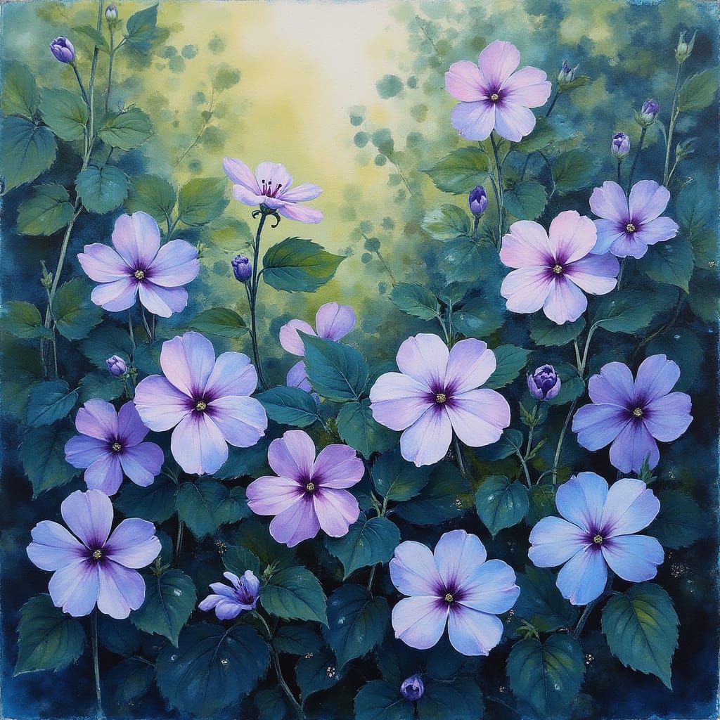 English Garden with Periwinkles in 3D Style