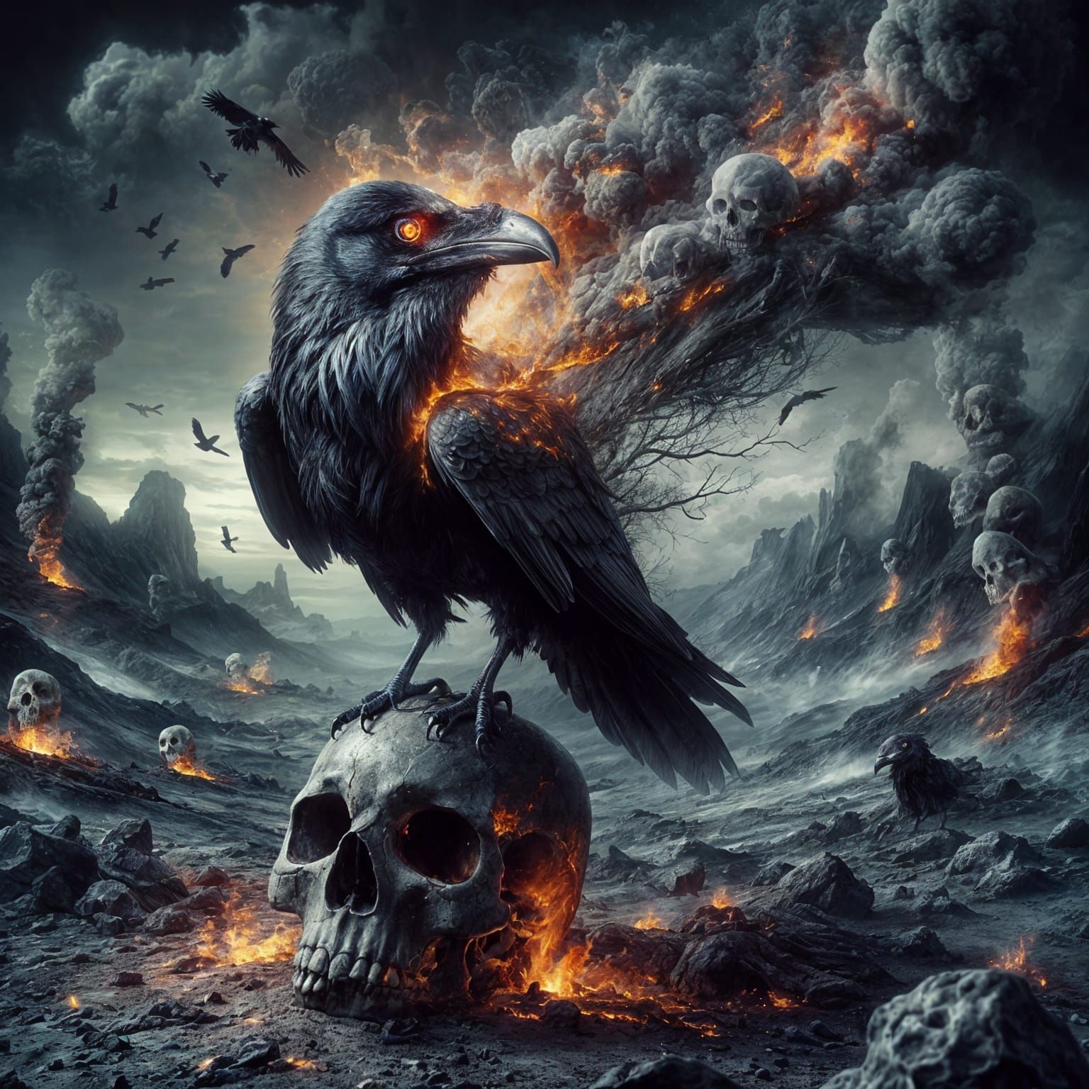 Dark Surrealist Scene With Glowing Raven and Skull