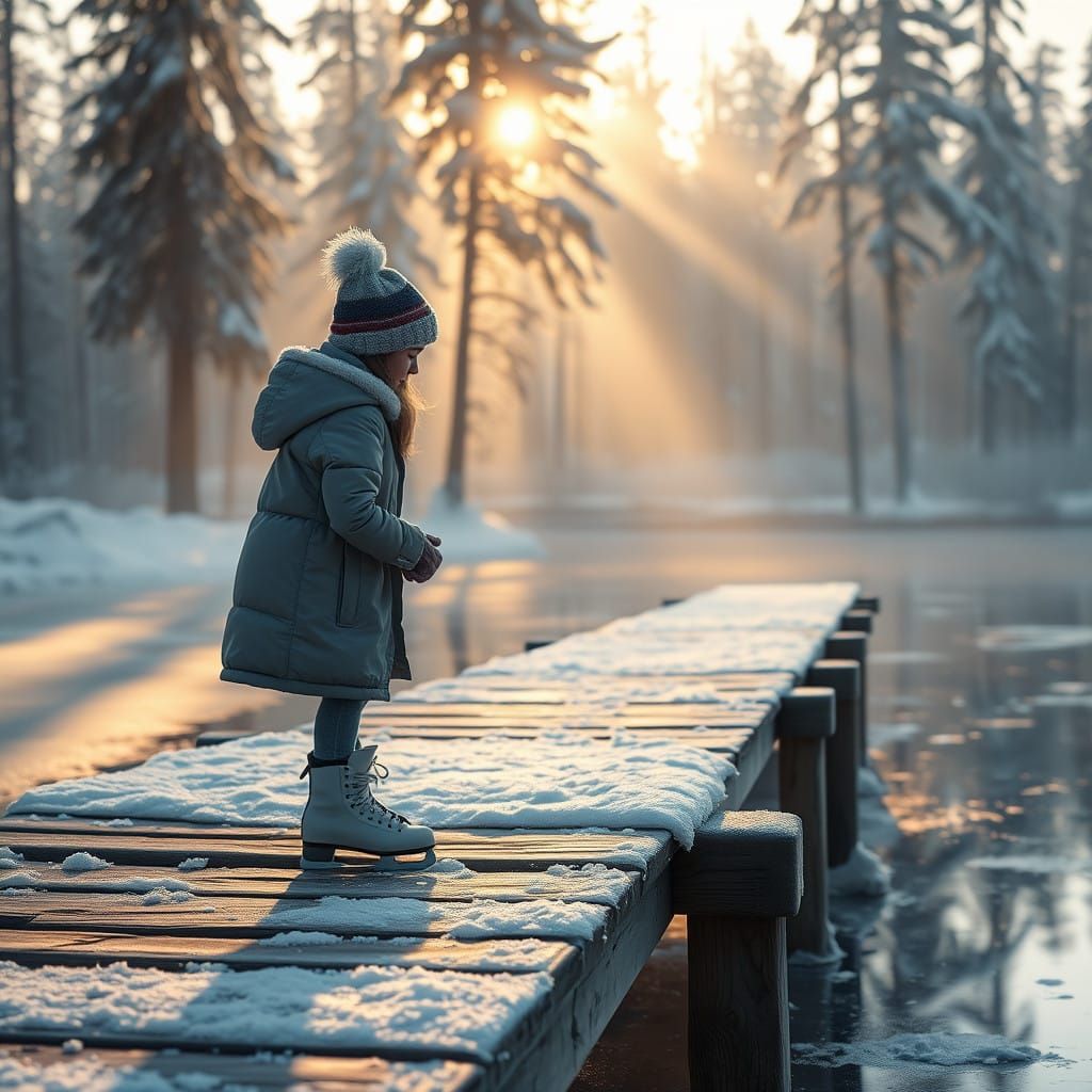 Serene Winter Morning Scene with Ice Skating Girl