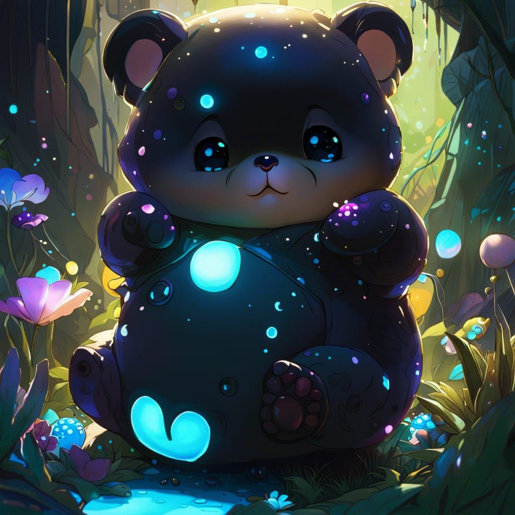 Adorable Cub in Bioluminescent Garden, Digital Art