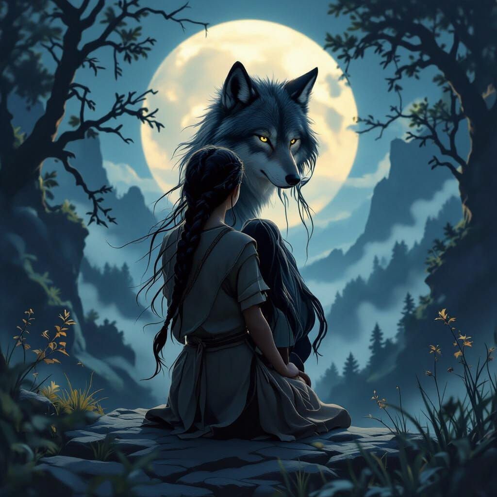Girl and Wolf on Cliff Overlooking Misty Valley