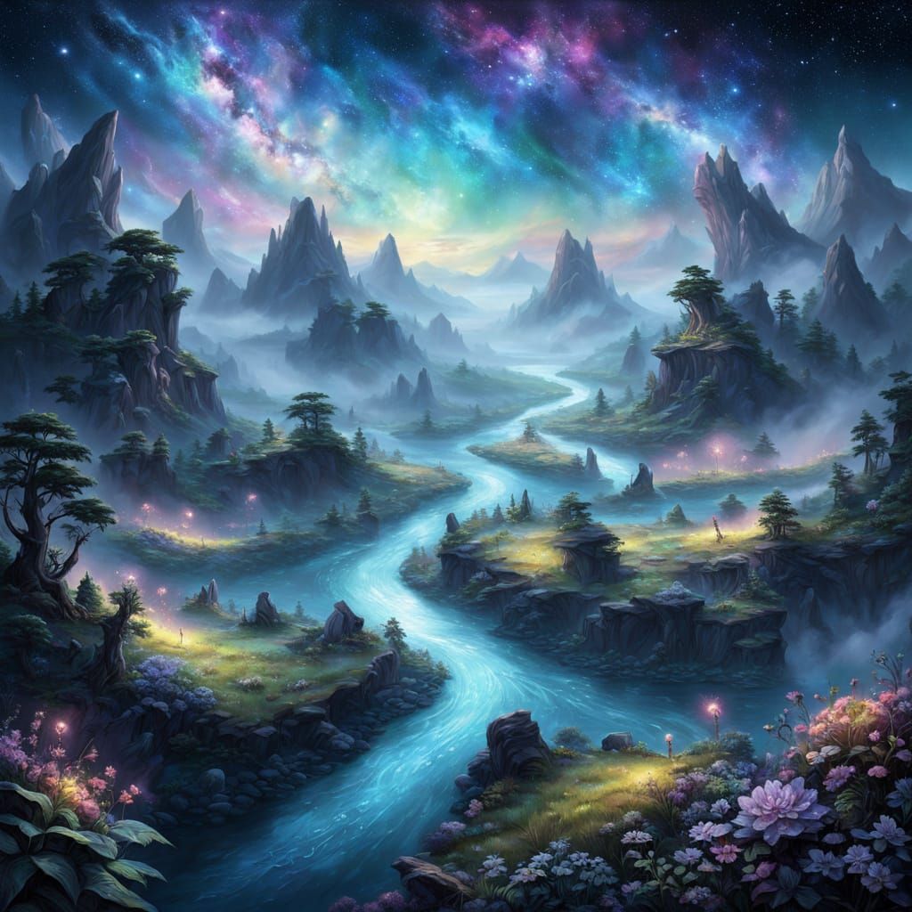 Cosmic River in Alien Landscape with Mystical Creatures