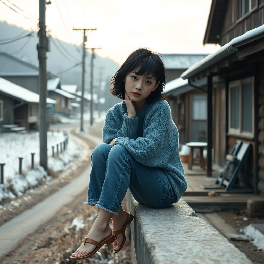 Melancholic Woman in Snowy Village, Ghibli-Inspired Art