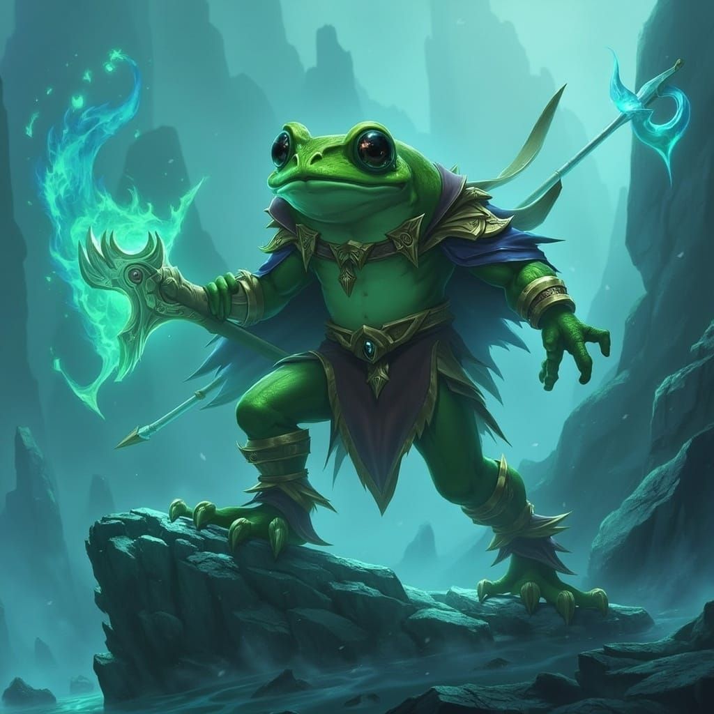 Heroic Frog Warrior on Misty Mountain, Fantasy Illustration